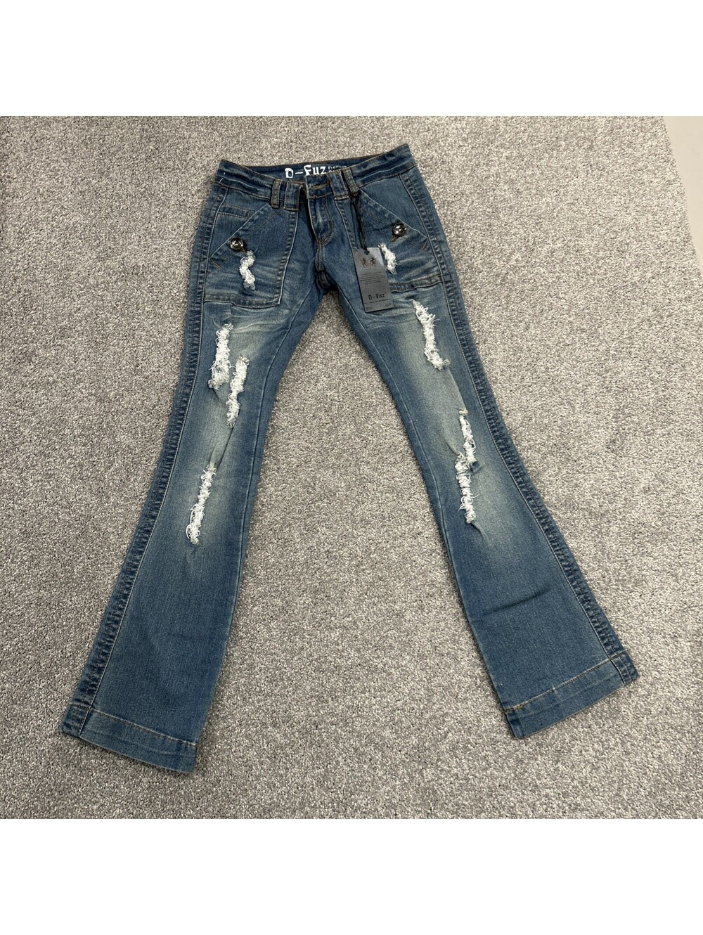 D-Fuz Y2K Skinny Flare Jeans Blue Distressed Denim Women’s